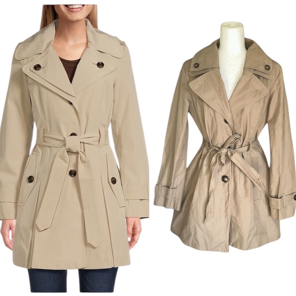London Fog Khaki Single Breasted Double Lapel Belted Trench Coat Jacket - M